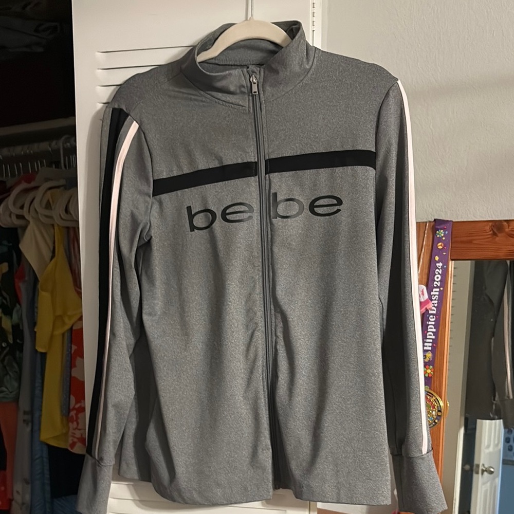 Bebe Charcoal Jacket with Black and White Stripes